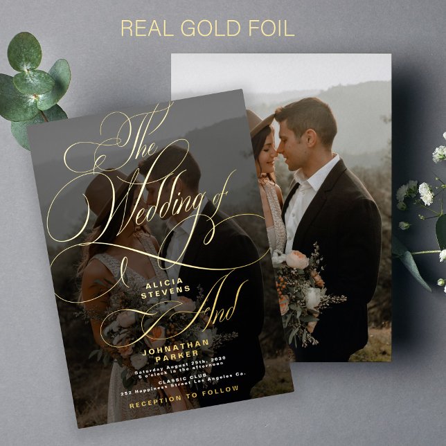 Elegantes Foto Goldkalligraphie-Hochzeit Folieneinladung (Von Creator hochgeladen)