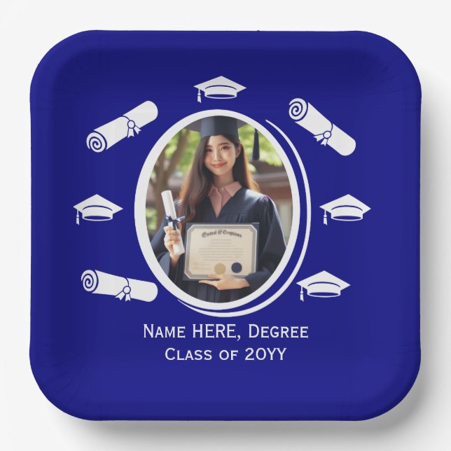 Elegantes Foto Graduation Cap Diploma in Navy Blue Pappteller (Vorderseite)