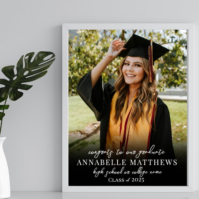 Elegantes Foto Graduation Party-Zeichen Poster (Elegant Black White Photo Graduation Party Sign)