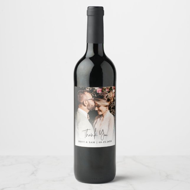 Elegantes Foto Hochzeit Danke, Script Wine Weinetikett (Vorderseite)