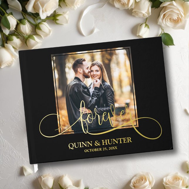 Elegantes Foto Hochzeit Gästebuch (Wedding guest book, your photo with "forever" and details in real gold, silver or rose gold foil)