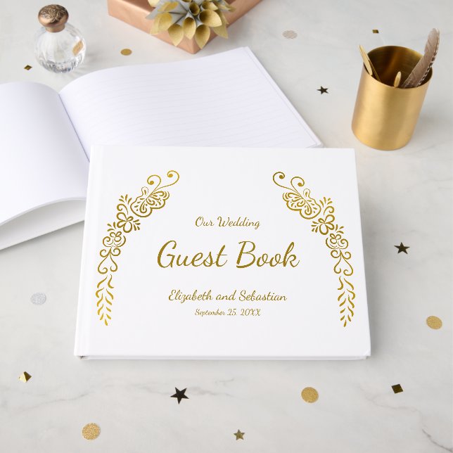 Elegantes Foto-Hochzeit in Weiß und Gold Geblüht Gästebuch (Vorderseite Offen)