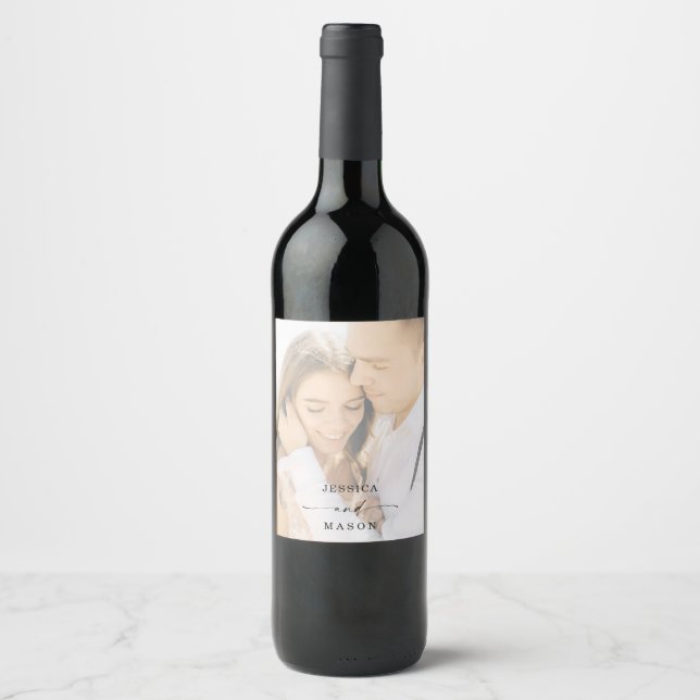 Elegantes Foto Hochzeit Wein Gefallen an Weinetikett (Vorderseite)
