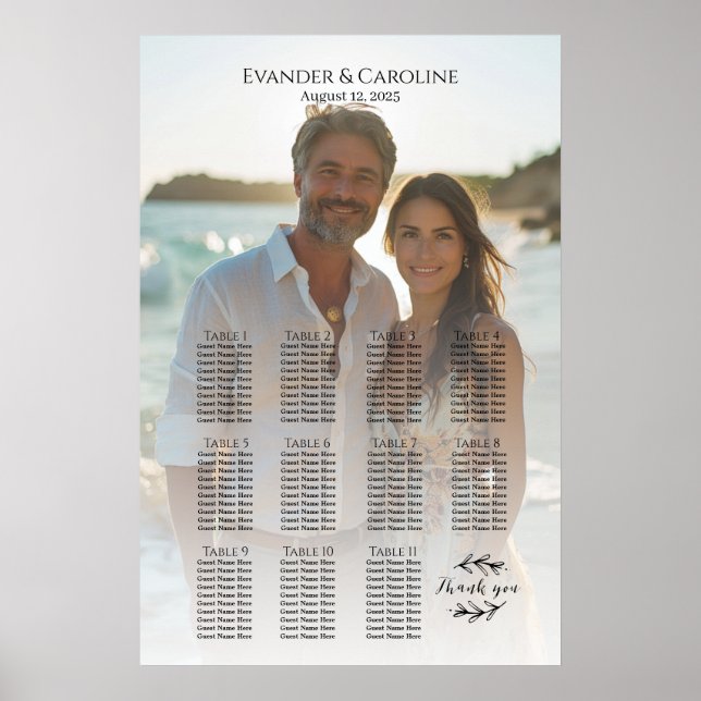 Elegantes Foto Hochzeitskarte 11 Tische Poster (Vorne)
