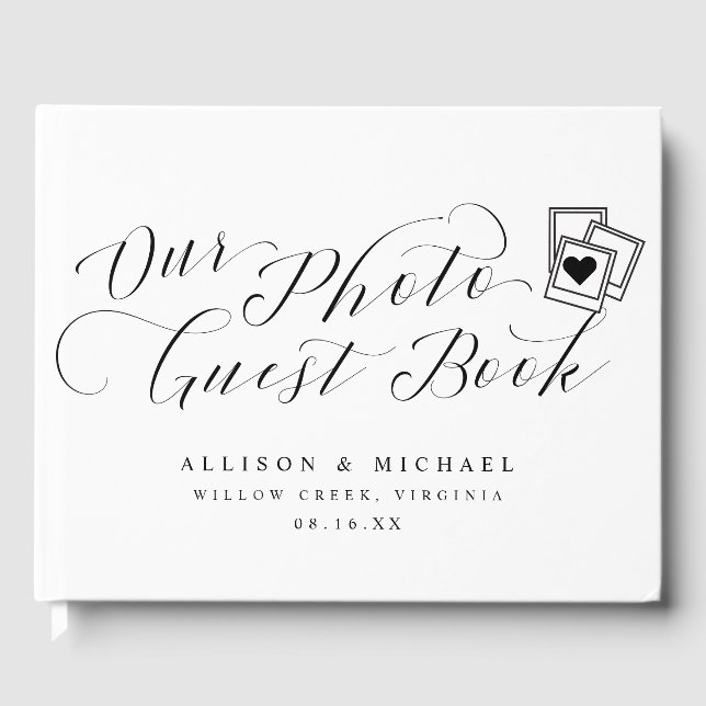 Elegantes Foto Kalligrafie Script Hochzeitsbilder Gästebuch (Vorderseite)
