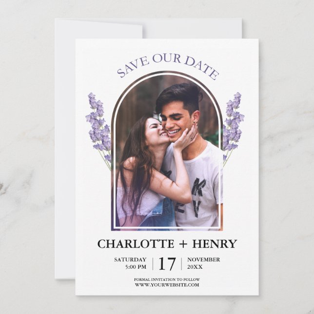 Elegantes Foto Lavender Save the Date Einladung (Vorderseite)