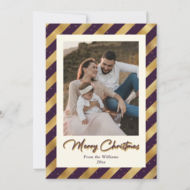 Elegantes Foto Lila und Gold Frohe Weihnachten (Vorderseite)