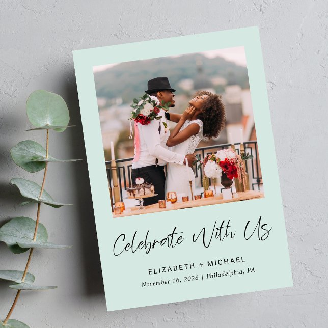 Elegantes Foto Mint Hochzeitsempfang Ankündigung (Celebrate your love story with a reception invitation showcasing your favorite wedding photo)