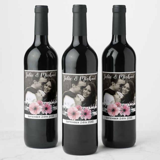 Elegantes Foto mit Blumen und Streifen Weinetikett (Flaschen)