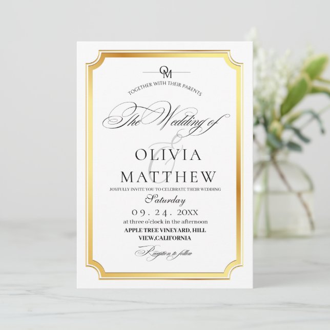 Elegantes Foto mit Gold und White Overlay Einladung (Stehend Vorderseite)