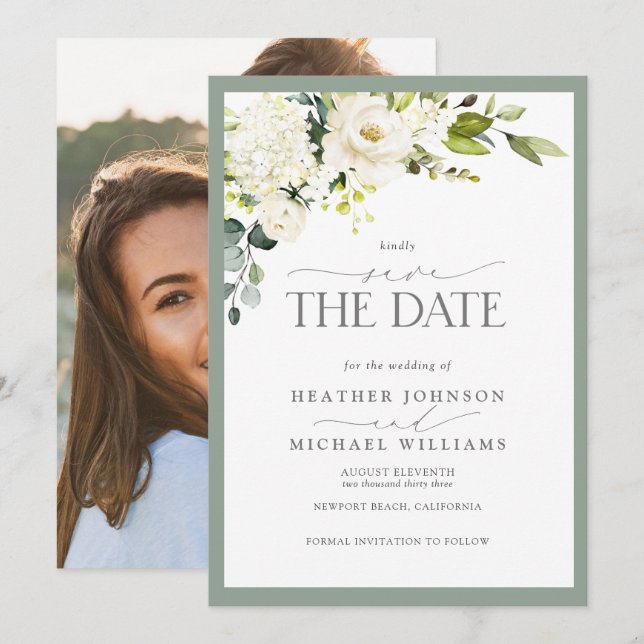 Elegantes Foto mit grauem Wasser Hochzeit Save The Date (Vorne/Hinten)
