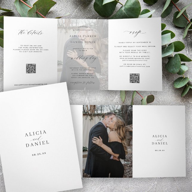 Elegantes Foto Moderne Hochzeit RSVP Details QR-Co Dreifach Gefaltete Einladung (Von Creator hochgeladen)
