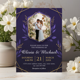 Elegantes Foto Moderne Lila Hochzeitseinladung Einladung