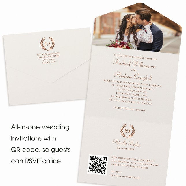 Elegantes Foto Monogram QR Terracotta Creme Weddin All In One Einladung (Von Creator hochgeladen)