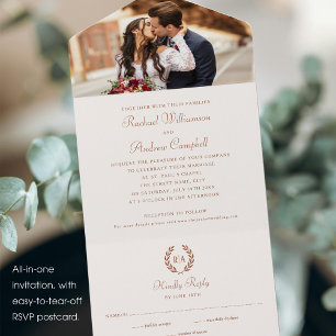 Elegantes Foto Monogram Terracotta Creme Wedding All In One Einladung