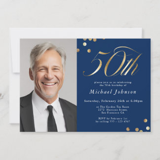 Elegantes Foto Navy Blau Gold 50. Geburtstag Einladung
