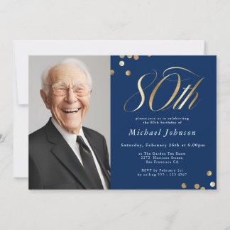 Elegantes Foto Navy Blau Gold 80. Geburtstag Einladung
