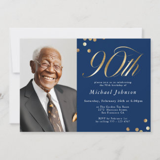 Elegantes Foto Navy Blau Gold 90. Geburtstag Einladung
