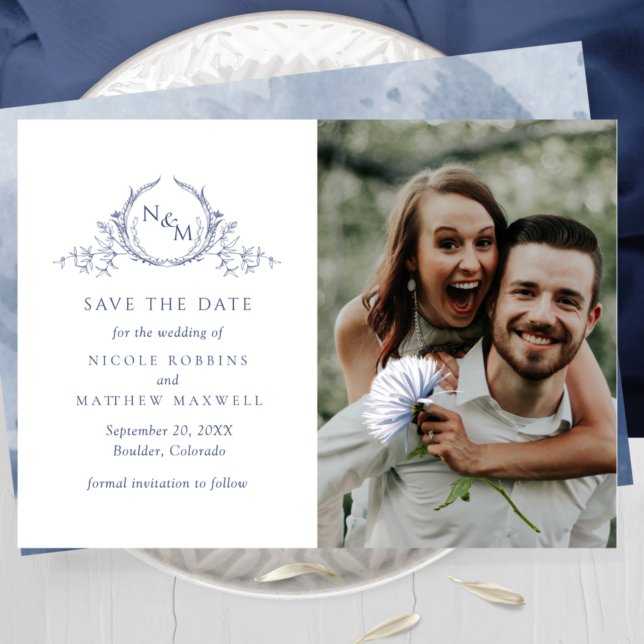 Elegantes Foto Navy Blue Monogram Wedding Save The Date (Von Creator hochgeladen)
