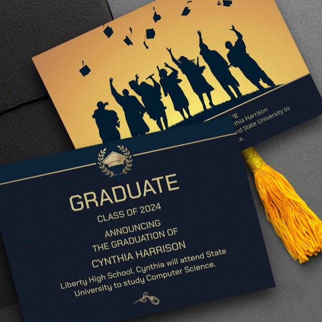 Elegantes Foto Navy Blue und Gold Einladung (Elegant Photo Navy Blue and Gold Invitation,  #graduationparty #vavyblueandgold #blueandgoldfoil)