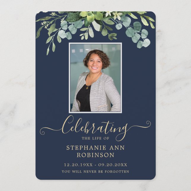 Elegantes Foto Order of Service Gold Blue Programm (Vorderseite)