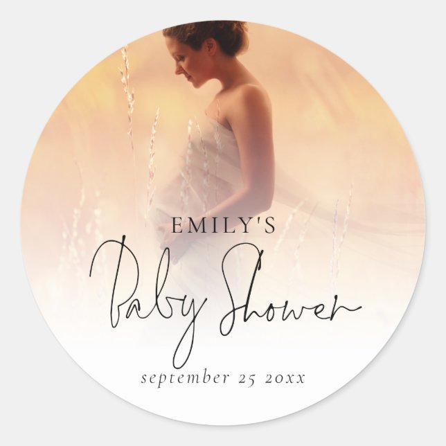 Elegantes Foto Overlay Script Babydusche Runder Aufkleber (Vorderseite)