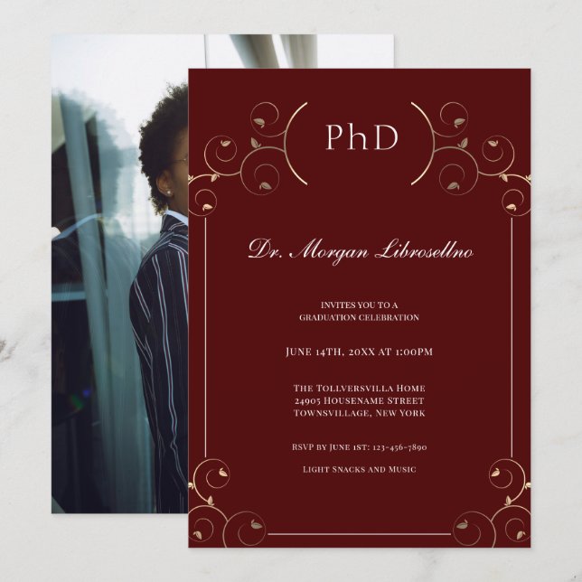 Elegantes Foto PhD Gold Burgundy Abschluss Einladung (Vorne/Hinten)