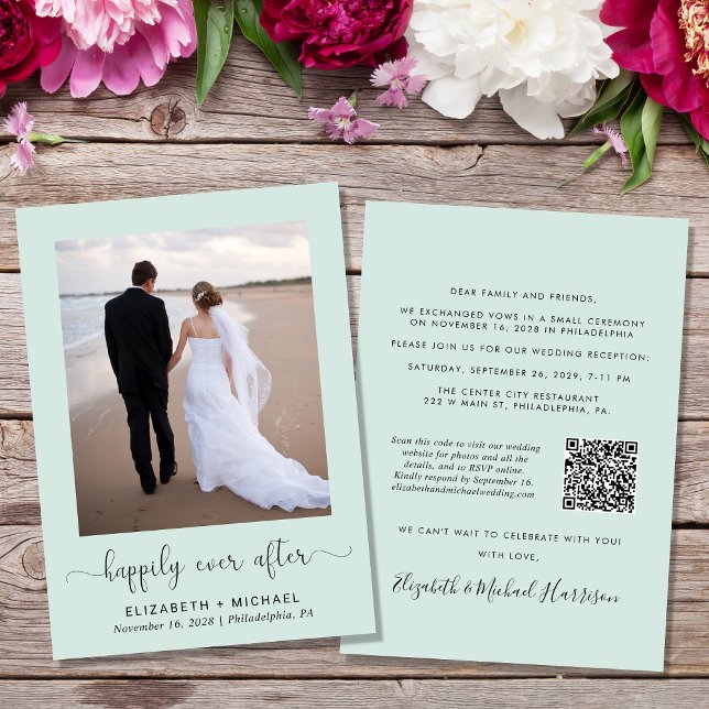Elegantes Foto QR Code Mint Hochzeitsempfang Einladung (Von Creator hochgeladen)