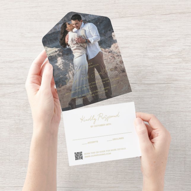 Elegantes Foto QR Code Moderne Hochzeit All-in-One-Einladung (Abreißstreifen)