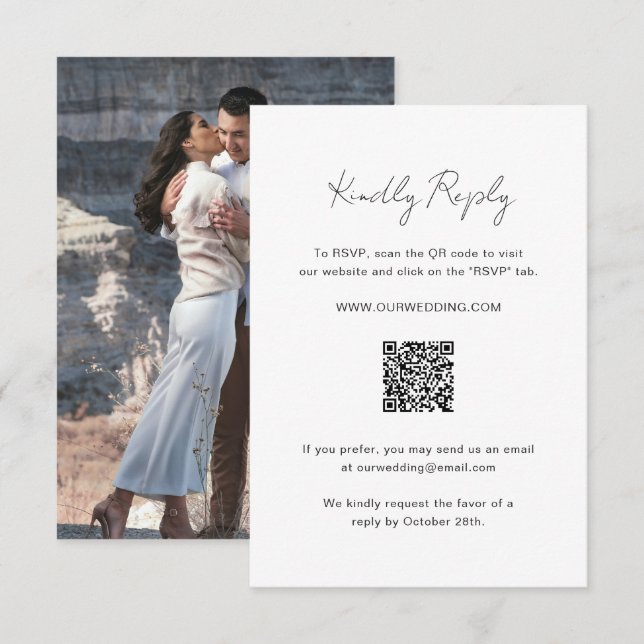 Elegantes Foto QR Code Moderne Hochzeit RSVP Karte (Vorne/Hinten)