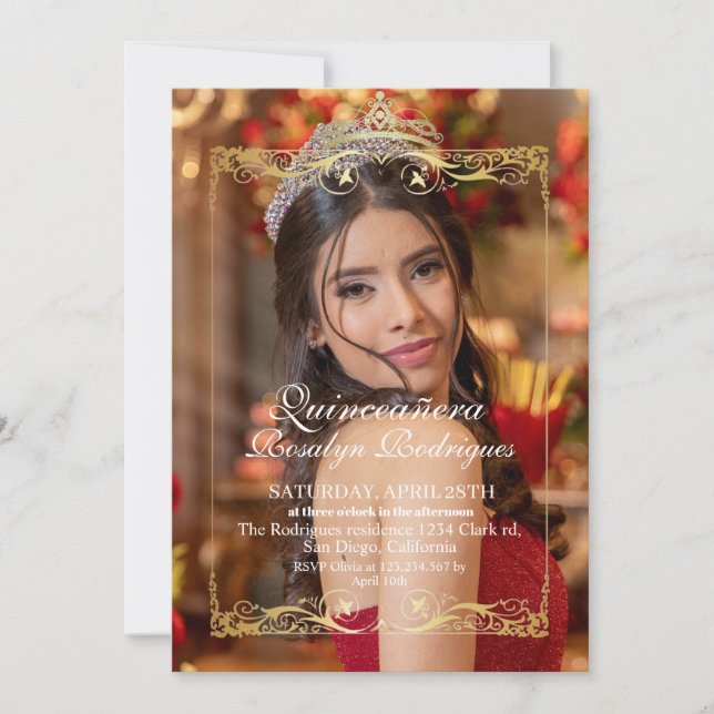 Elegantes Foto Quinceañera Gold Einladung (Vorderseite)