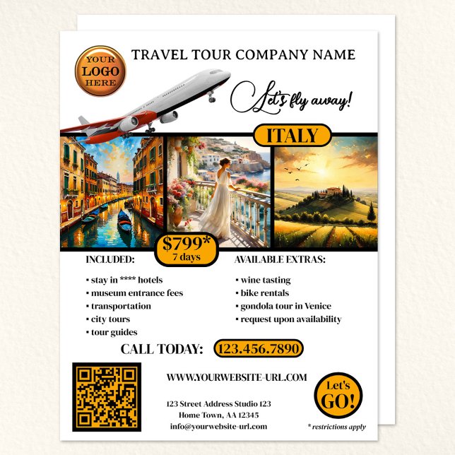 Elegantes Foto-Reisemodell Flyer (A travel agency flyer with your logo, QR code and 3 photos - with custom background and other colors)