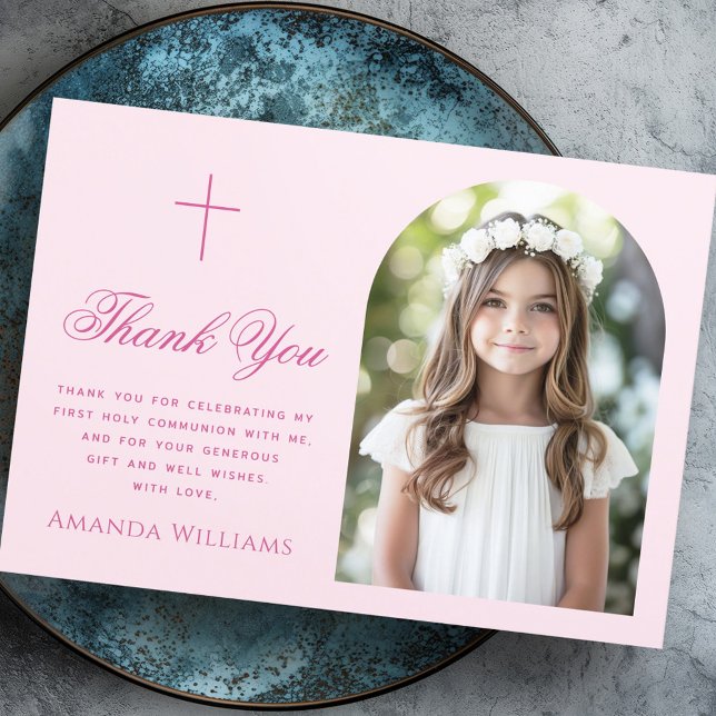 Elegantes Foto rosa Erste Heilige Kommune Dankeskarte (Elegant arch photo cross pink First Holy Communion Thank You Card)
