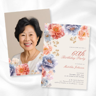 Elegantes Foto Rosa Flora 60. Geburtstag Einladung