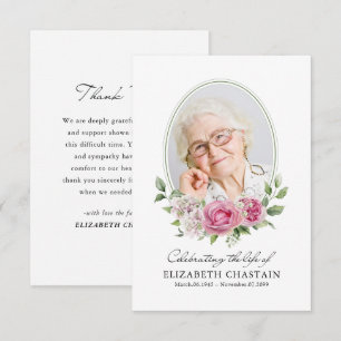 Elegantes Foto Rosa Florales Trauer Gedenkens  Dankeskarte