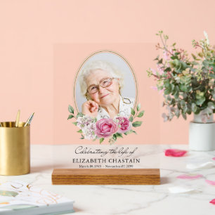 Elegantes Foto Rosa Florales Trauer Gedenkfeier Acrylschild