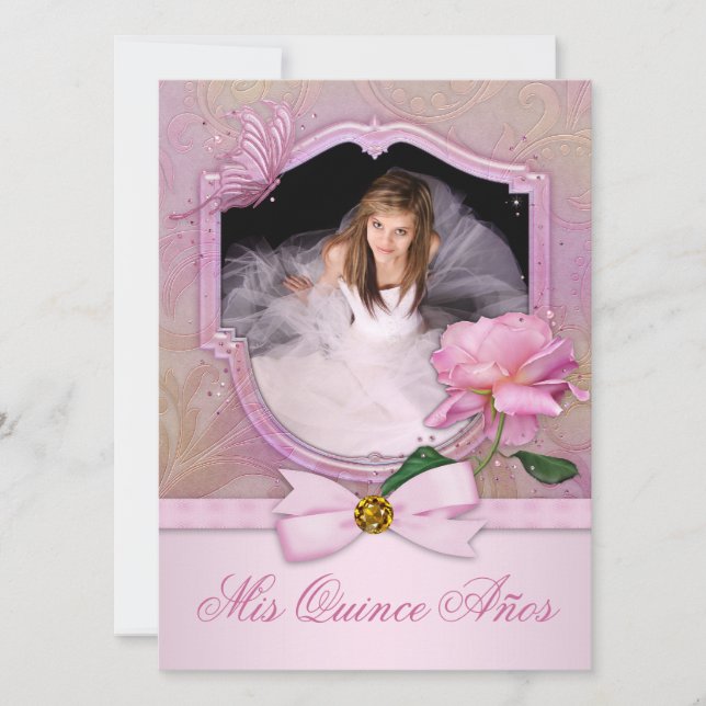 Elegantes Foto Rosa Schmetterling Rose Quinceanera Einladung (Vorderseite)