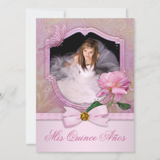 Elegantes Foto Rosa Schmetterling Rose Quinceanera Einladung