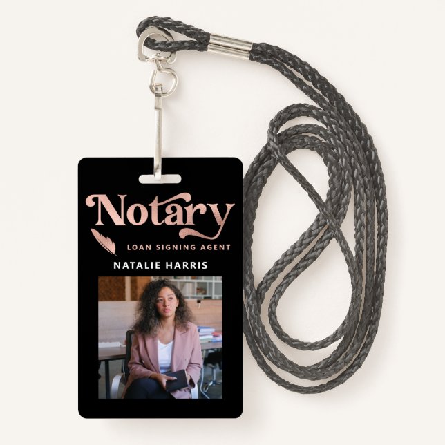 Elegantes Foto Rose Gold Notary Loan Agent Ausweis (Vorderseite mit Schlüsselband)