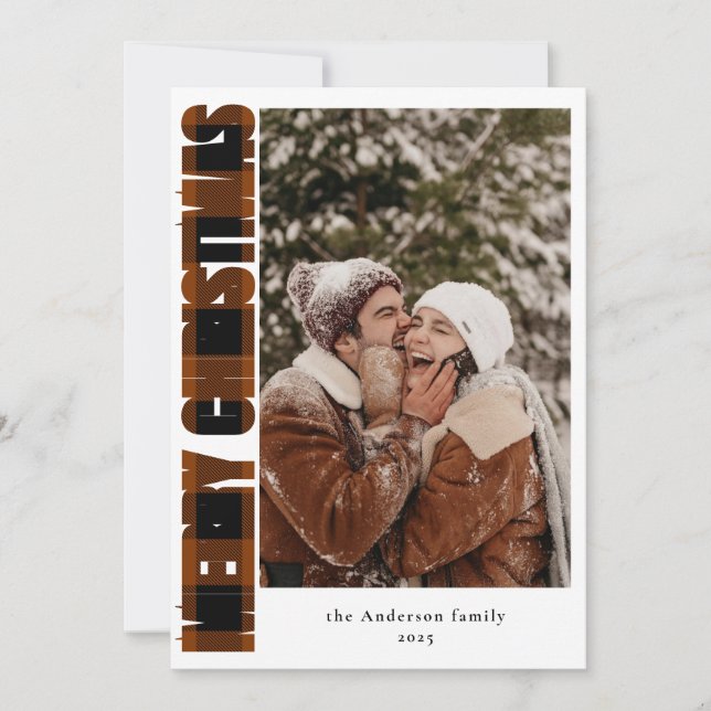 Elegantes Foto Rustikal Kariert Frohe Weihnachten (Vorderseite)