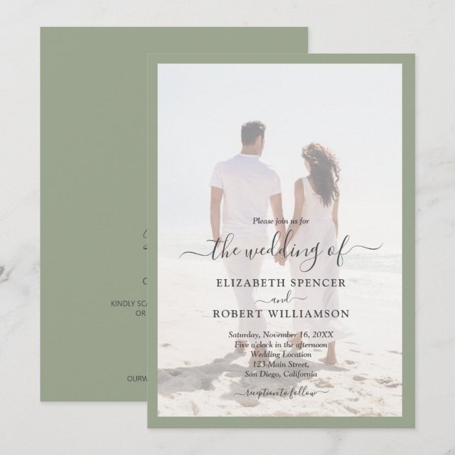 Elegantes Foto Sage Green Wedding Einladung (Vorne/Hinten)
