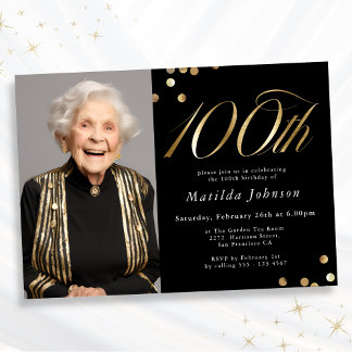 Elegantes Foto Schwarz und Gold 100. Geburtstag Einladung