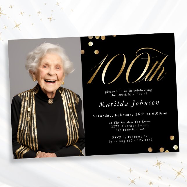 Elegantes Foto Schwarz und Gold 100. Geburtstag Einladung (Mockup View)