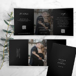 Elegantes Foto schwarze Hochzeit RSVP Details QR-C Dreifach Gefaltete Einladung<br><div class="desc">Modernes, minimales Typografie-Trendschwarz in einem Budget Hochzeitseinladungsvorlage mit 2 Fotos, uAwg und Details mit dem Scannen von QR-Codes mit einem schicken angesagten Kalligraphieskript und dunklem Overlay. Einfach mit ein oder zwei benutzerdefinierten Fotos (Sie können auf beiden Seiten dasselbe Foto hochladen) und Gast-Informationen auf beiden Seiten personalisieren! Die Einladung eignet sich...</div>