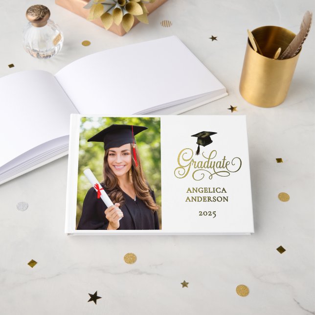Elegantes Foto Script Graduate Foil Gästebuch (Vorderseite Offen)