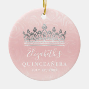 Elegantes Foto Silber- und Rosé-Quinceanera Keramik Ornament
