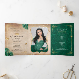 Elegantes Foto Spanische Grüne Rose Gold Quinceane Dreifach Gefaltete Einladung