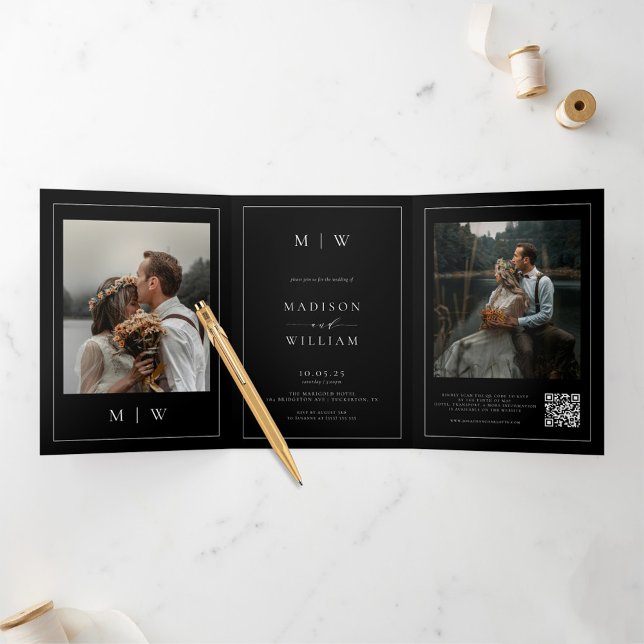 Elegantes Foto UAWG Details QR Code Black Wedding Dreifach Gefaltete Einladung (Von Creator hochgeladen)