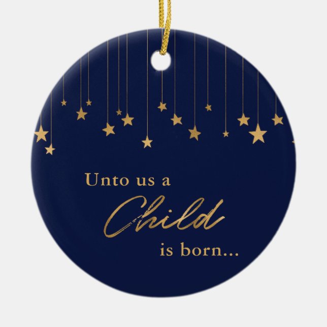 Elegantes Foto Uns Ein Kind ist Geboren Blue Gold Keramik Ornament (Vorne)