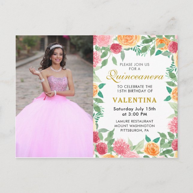 Elegantes Foto Watercolor Floral Quinceanera Einladungspostkarte (Vorderseite)